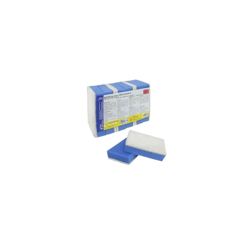 Producto de limpieza profesional con fibra blanca anti-rayaduras y esponja azul absorbente.